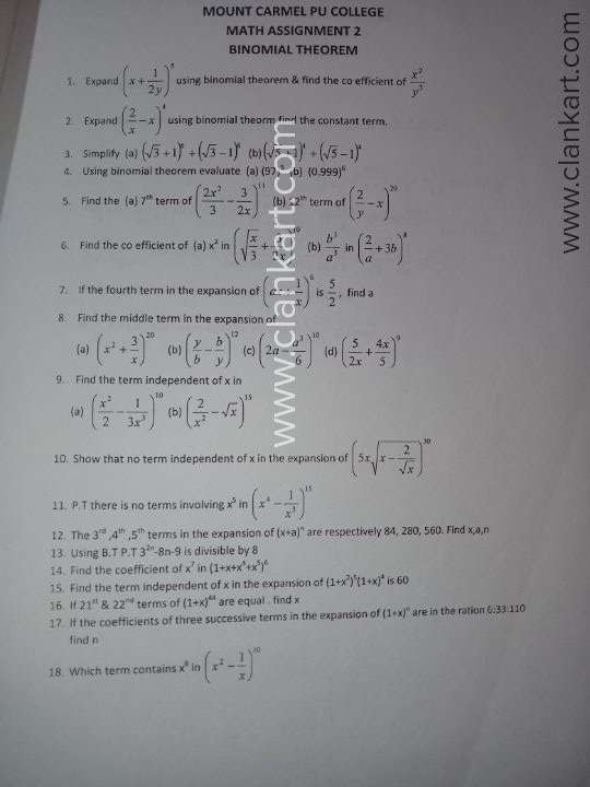 MATHEMATICS Puc Chapter wise Questions